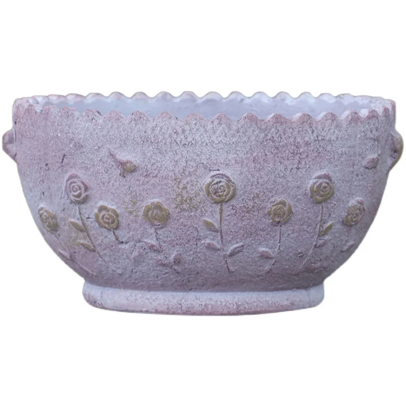 Embossed Rose Vintage Handmade Terracotta Basin Flower Pot with Wavy Edge