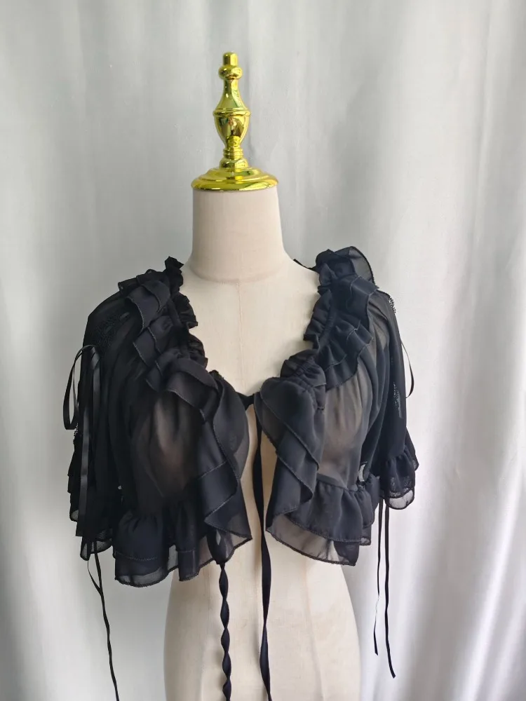 Kimotimo Lolita Chiffon Cardigan Crop Top Women Summer New Ruffles Lace Up Thin Shawl Shirts Japanese Sweet Y2k Aesthetic Blouse