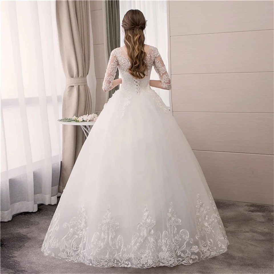 Vestidos De novia clásicos blancos con cuello redondo, apliques De media manga, ilusión, tren De barrido, Vestido De baile, vestidos De novia personalizados