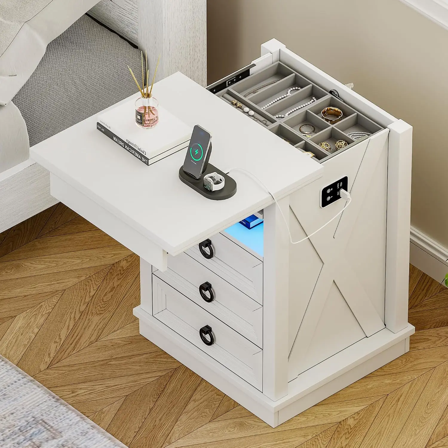 LED Nightstand with Lockable Gun Drawer and Human Sensor, White, Customized