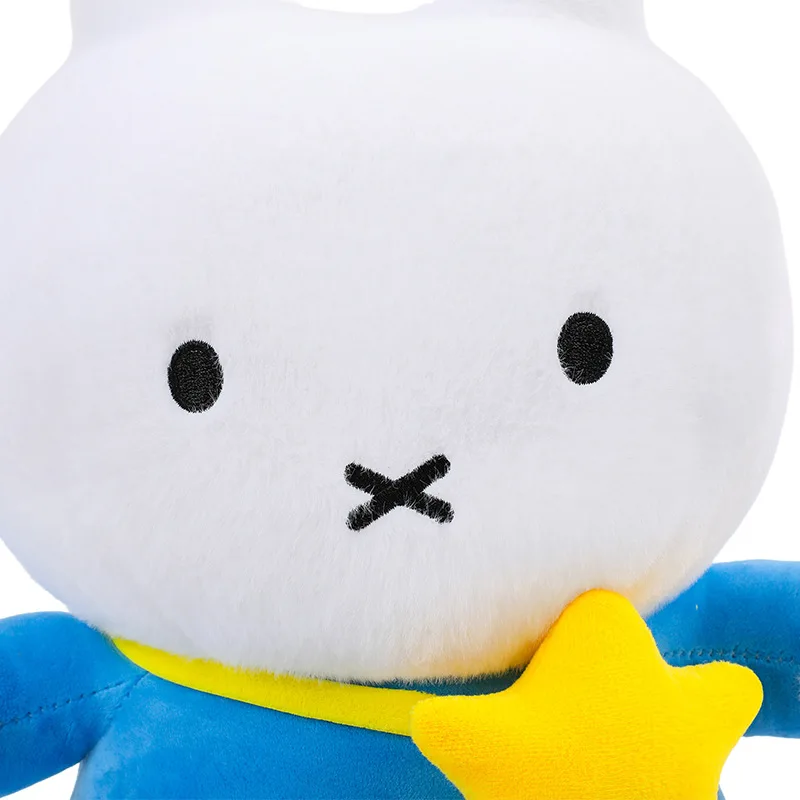 Cute Miffy Rabbit Plush Doll, Blue Outfit with Yellow Star Stuffed Bunny Toy, Soft Cartoon Figure Pillow Gift for Kids Fans
