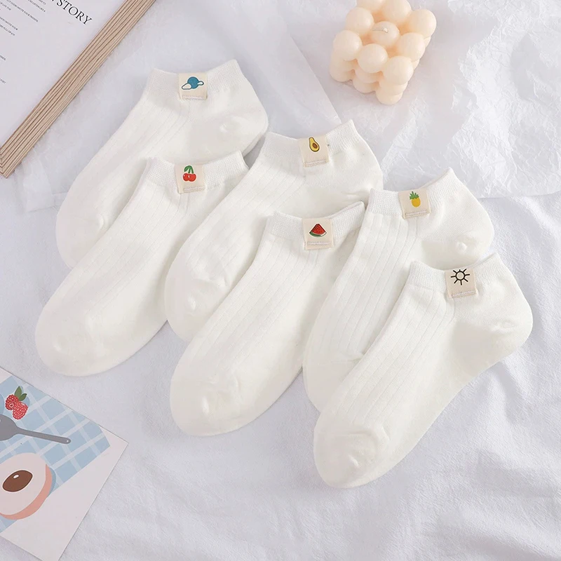 6 Pairs Women Cartoon Side Label Cotton Socks Fashionable Fruit Print Soft Comfortable Sweat Absorbing Breathable Casual Socks
