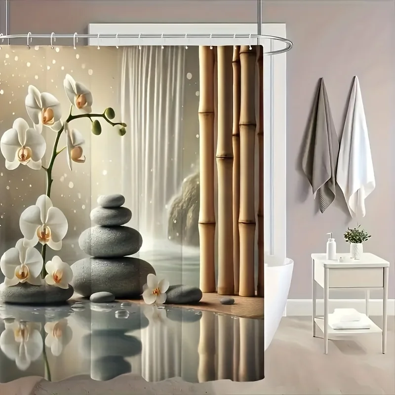 

Orchid Stone Bamboo Water Ripple Shower Curtain Polyester Durable with 12 Hooks for Bathroom Decor