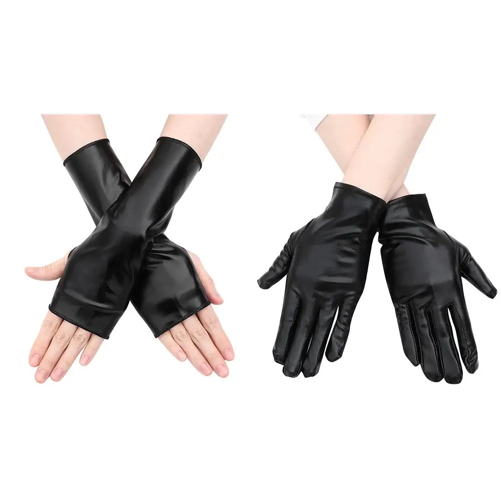 Men Women Gothic Punk PU Mittens Dress Up Black Gloves Leather Gloves Halloween