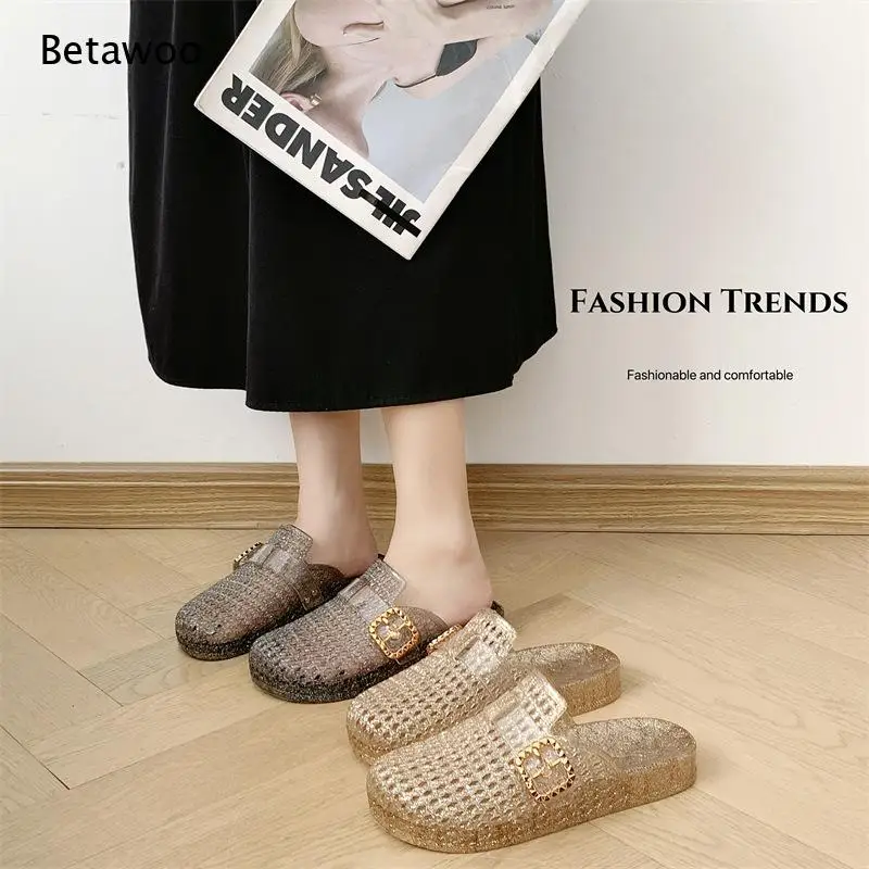 Clear Crystal Thick Sole Closed Toe Mules Women Transparent Pvc Flat Slides Casual Outdoor Beach Slippers