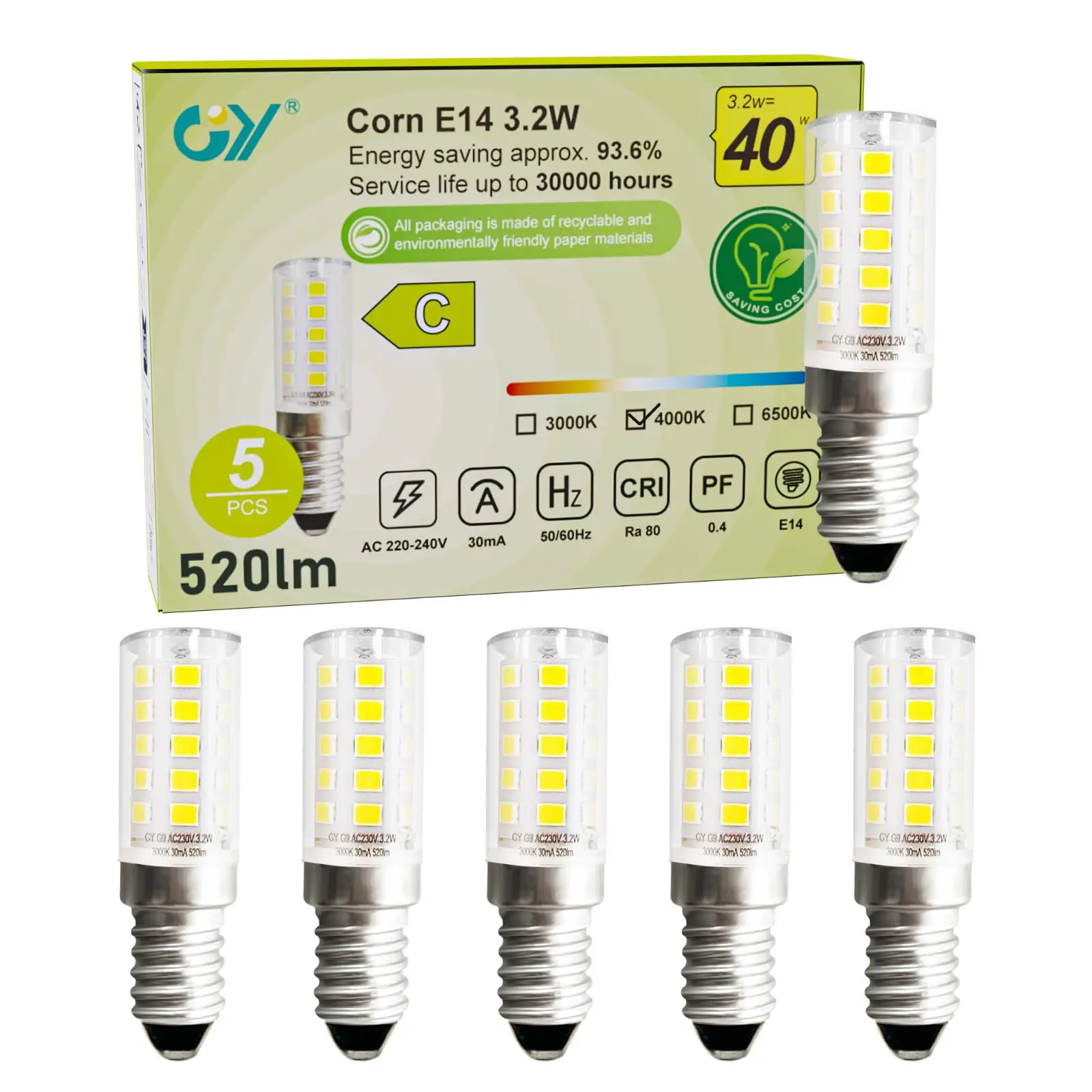 

GY E14 LED Light Bulb Neutral White 3.2W 520lm Replaces 40W Halogen Non Dimmable Corn Lamp Energy Efficiency Class C