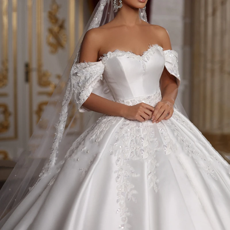 Vestido de baile personalizado, querido romântico, vestido de casamento, apliques de cetim, manga curta