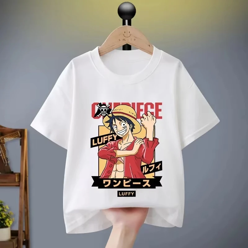 （Miniso）One Piece T-shirt Luffy Black White Children Cotton Fashion Anime Figure Clothing Cartoon Tops Kids Summer Men Clothing