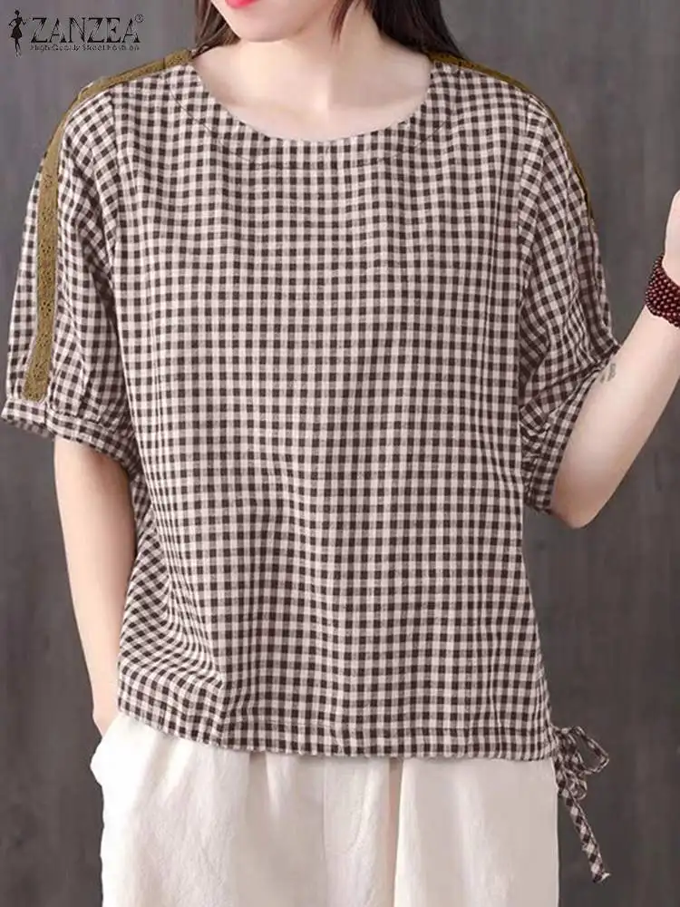 ZANZEA Summer Drawstring Hem Blusas Mujer Checked Lace Patchwork Short Sleeve Women Shirt Tops Casual Vintage Gingham Blouses