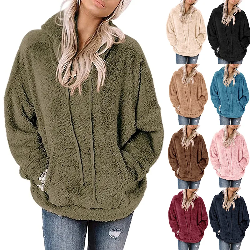 

Fashionable Women's Long Sleeve Hooded Jacket with Pockets - Casual Loose Plush Sweatshirt