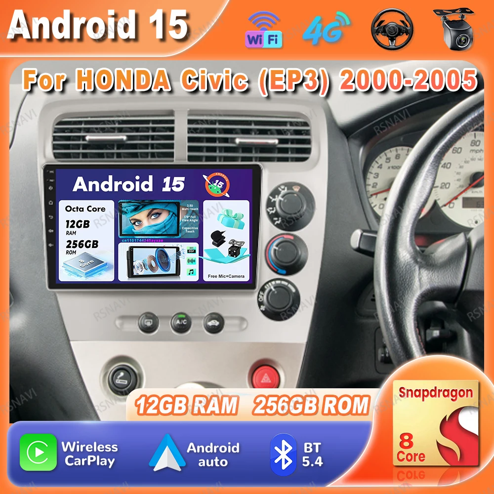 Car Radio Android 15 For HONDA Civic (EP3) 2000 2001 2002 2003 2004 2005 Qualcomm Stereo AI Voice BT NO 2DIN Head Unit Systems