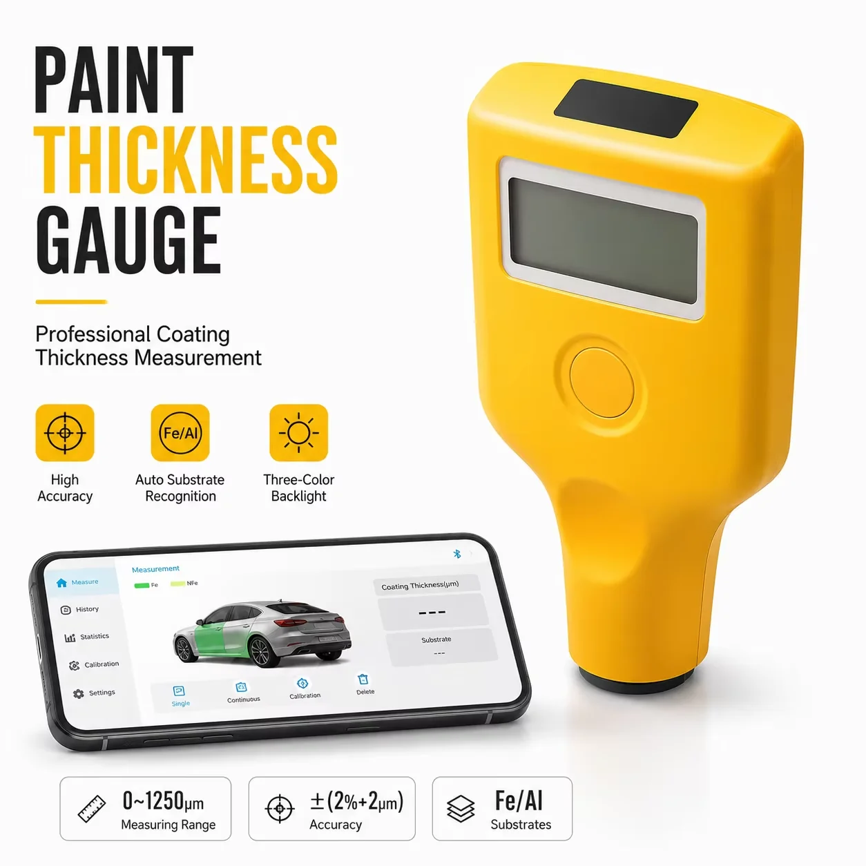 LS236 Coating Thickness Gauge Dual LCD+OLED Display -40℃ Fe/Al Probe Ruby Tip 3-Color Backlight Bluetooth APP for Car Body Paint