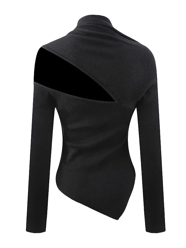 VGH Irregular Solid Hollow Out Slimming Sweaters For Women Diagonal Collar Long Sleeve Minimalist Pullover Sweater Female New