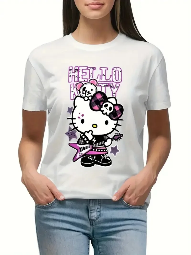 

Sanrio Hello Kitty Cotton Tee Punk Rock Kitty with Guitar and Skull Bow Print Edgy and Cute Design Pure Cotton for Fans