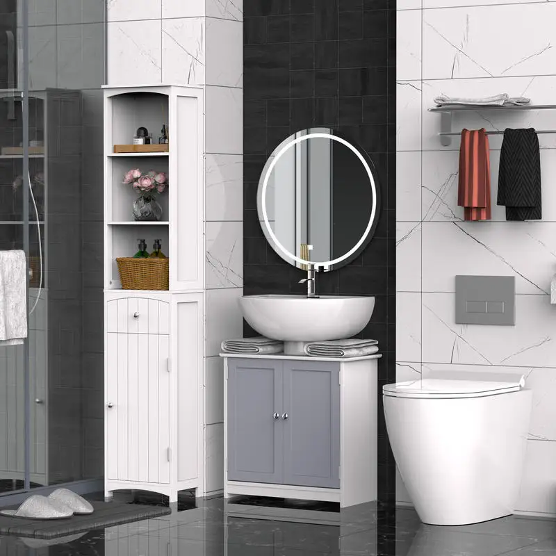Meuble de salle de bain sous lavabo - meuble sous-vasque - placard 2 portes avec étagère - dim. 60L x 30L x 60H cm - en blanc gris
