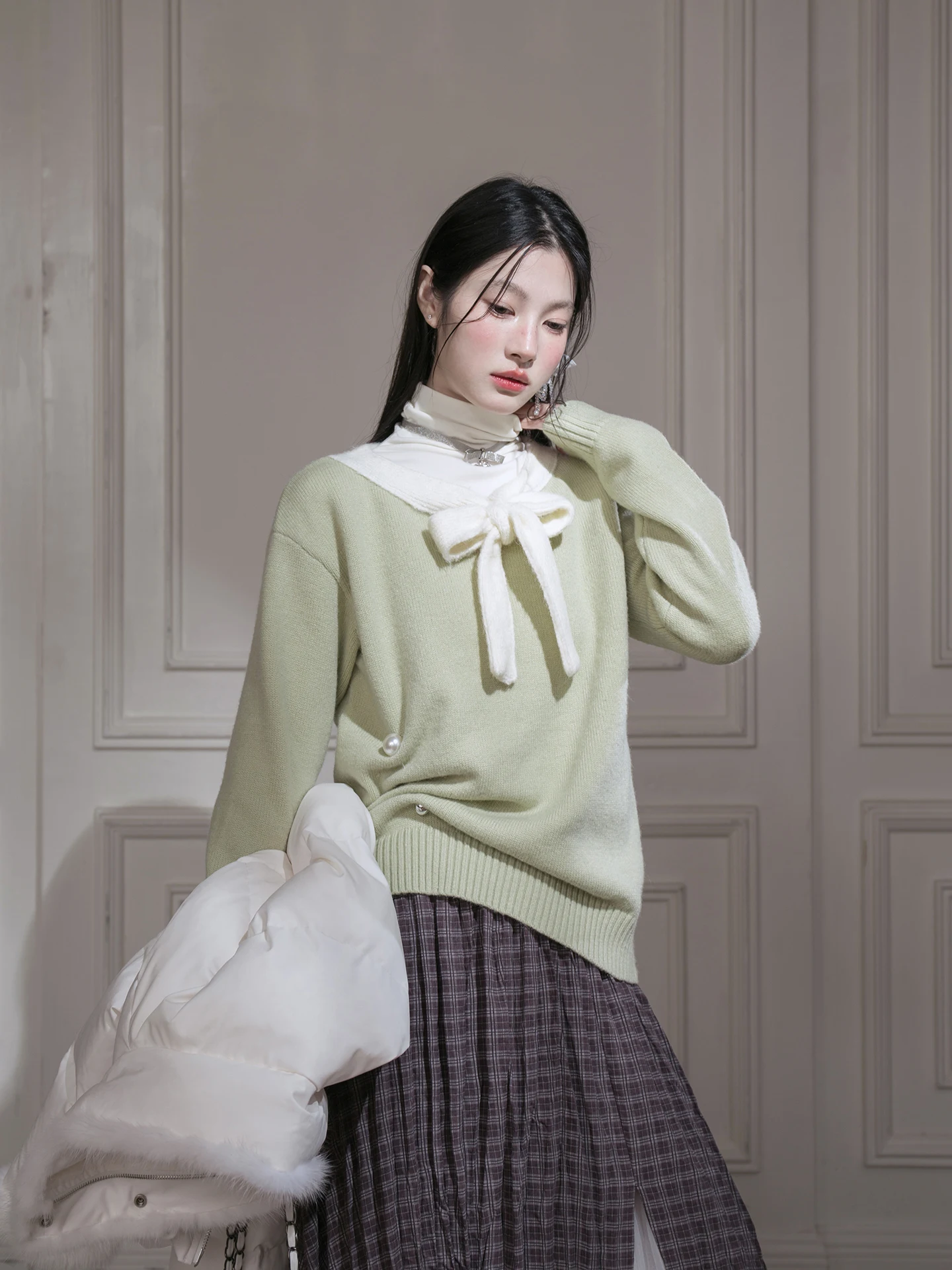 

COTRE Oxygen Sensation Winter Wool Blend Knit Sweater with Bow Tie Color Blo Design Women's Faion Ci Walk Casual Wear