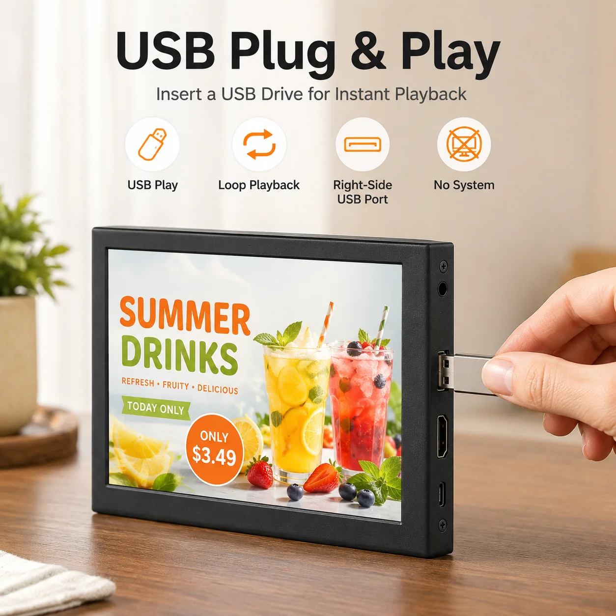 LESOWN Small Portable Multimedia Display 7 Inch Compact USB Video Player Digital Signage Screen with Auto Playback Function