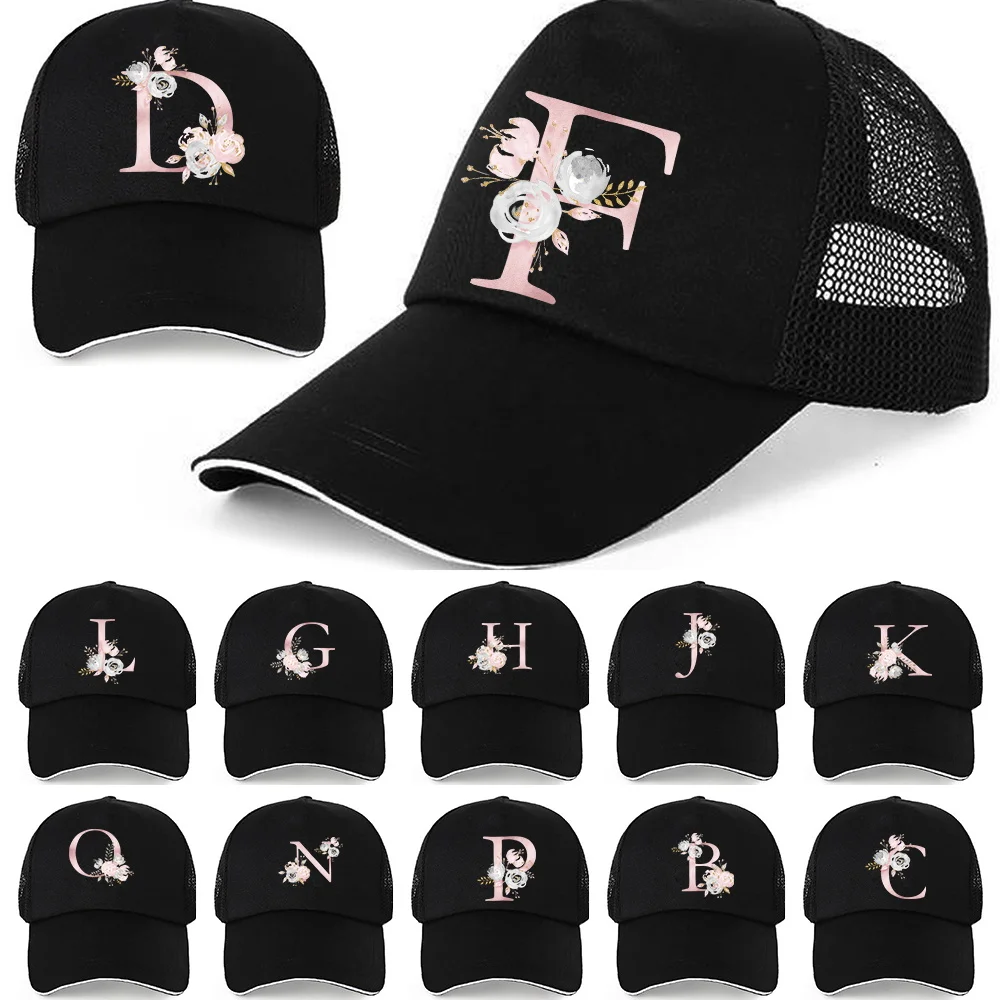 

Baseball Caps Men Snapback Hip Hop Hats Pink Flower Letter Printed Patch Streetwear Lovers' Trucker Caps Women Breathable Mesh