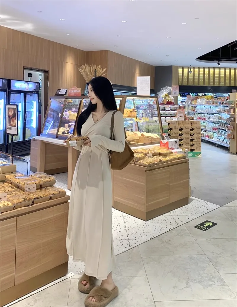 Vestidos Vestido de manga larga para mujer Hoco otoño Modal azul grisáceo medio cuello alto ahumado cintura plisada Preppy College picante