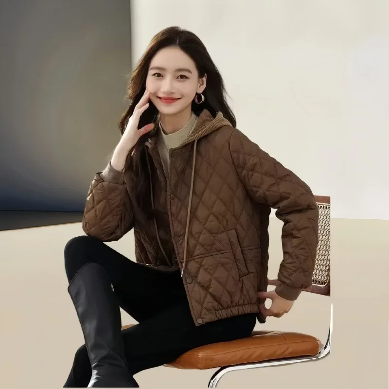 Women's Diamond Grid Fashion Hooded Drawstring Jacket Light Warm Short Styles Cotton-clothes Female Quilted Single Breasted Coat