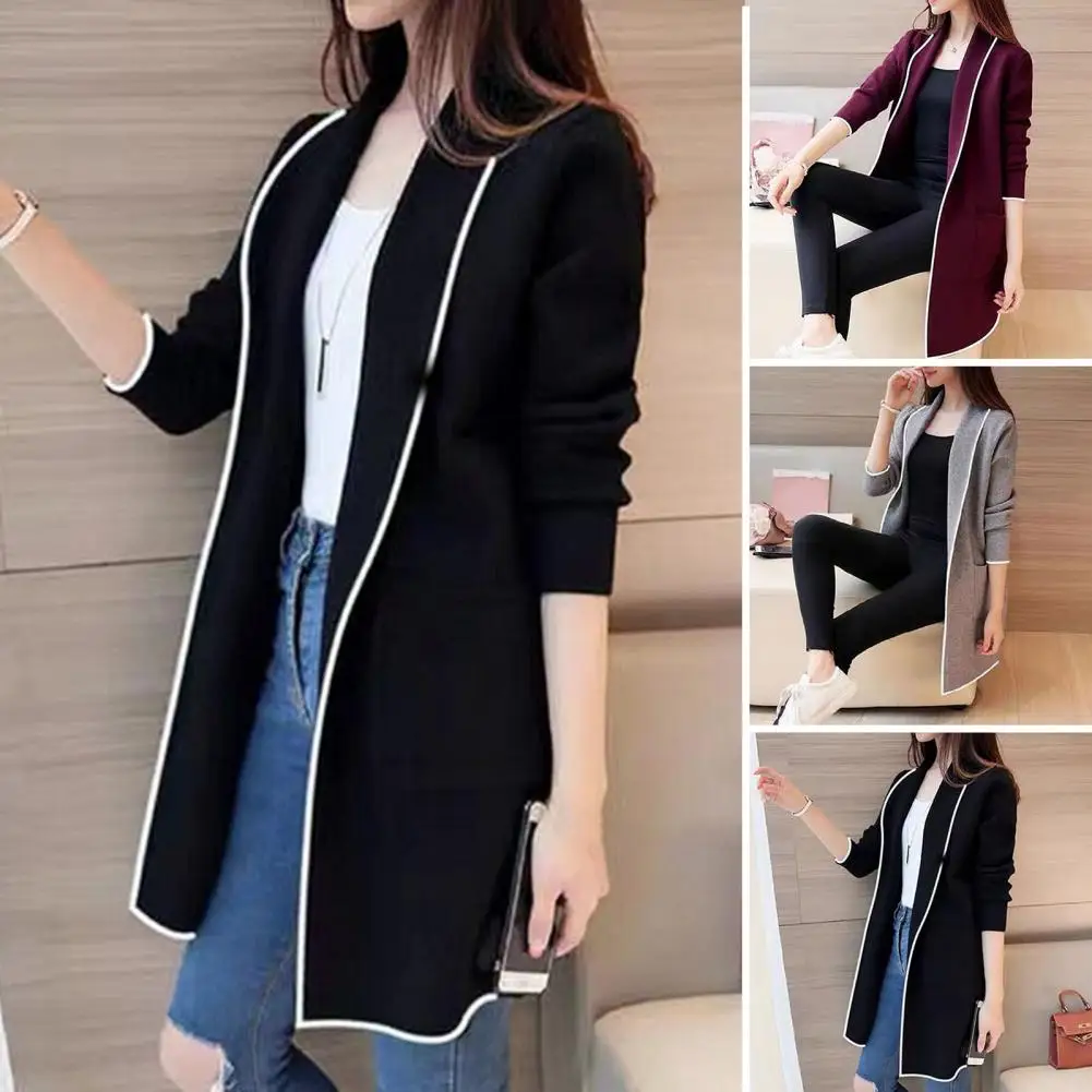 Women Fall Winter Jacket Mid Length Open Stitch Cardigan Long Sleeve Coat Solid Color Loose Pockets Lapel Lady Outerwear