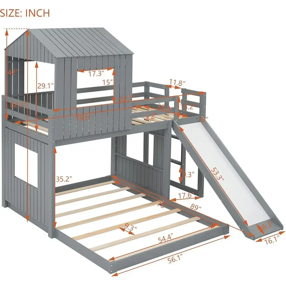 Harper & Bright Designs Twin Over ull House Bunk Bed with Slide, Wood House Shaped un Cottage Beds with Windows & Roo or Kids Te