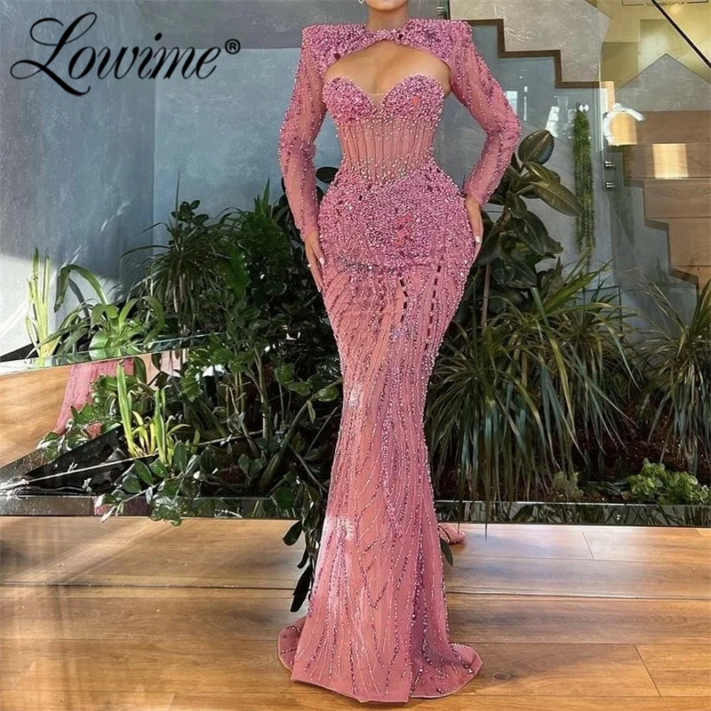 Pink Beaded Crystal Celebrity Dress Long Sleeves Party Dress Women Prom Dresses Customized Robes De Soirée Mermaid Evening Gown