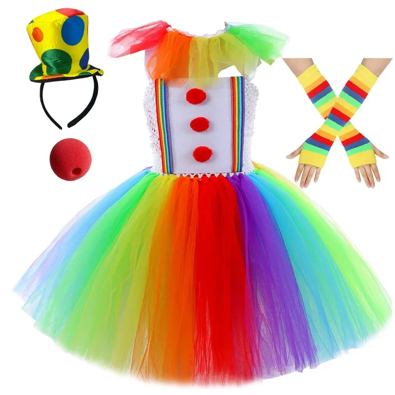 

Rainbow Clown Halloween Costumes for Girls Circus Act Clowns Fancy Dresses for Kids Joker Performance Outfit New Year Clothes