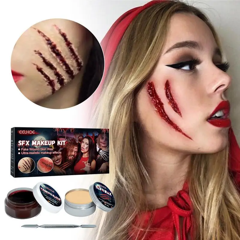 2 in 1 Blood Scar Wax Kit Artificial Scar Making Gel Mouth Eyebrow Nose Skin Makeup Kit For Halloween Theme Party Cosplay