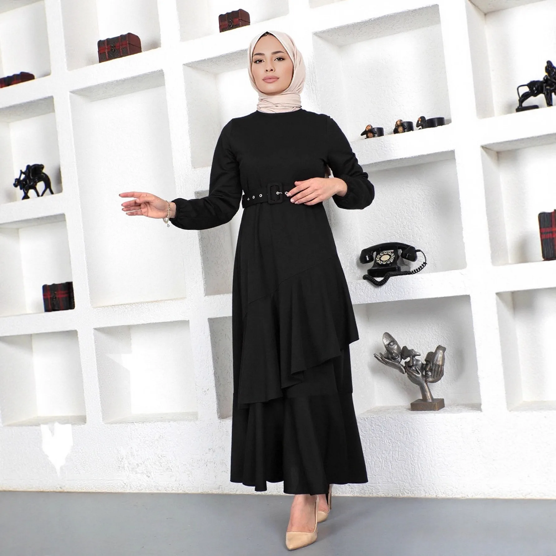 Islamique dubaï usage quotidien robes décontractées Eid femmes musulmanes robe longue élégante Double couche à volants taille couleur unie robe tricotée