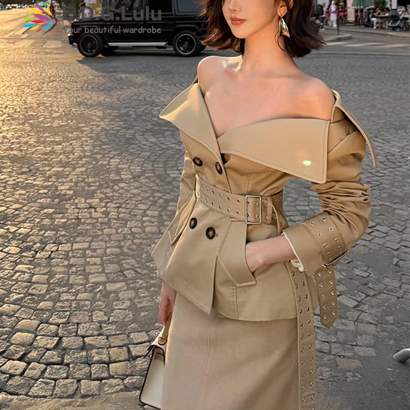 

EDGLuLu осенняя одежда, дизайн, двубортный пиджак с отложным воротником, модные повседневные облегающие пальто с длинными рукавами + пояс 0920