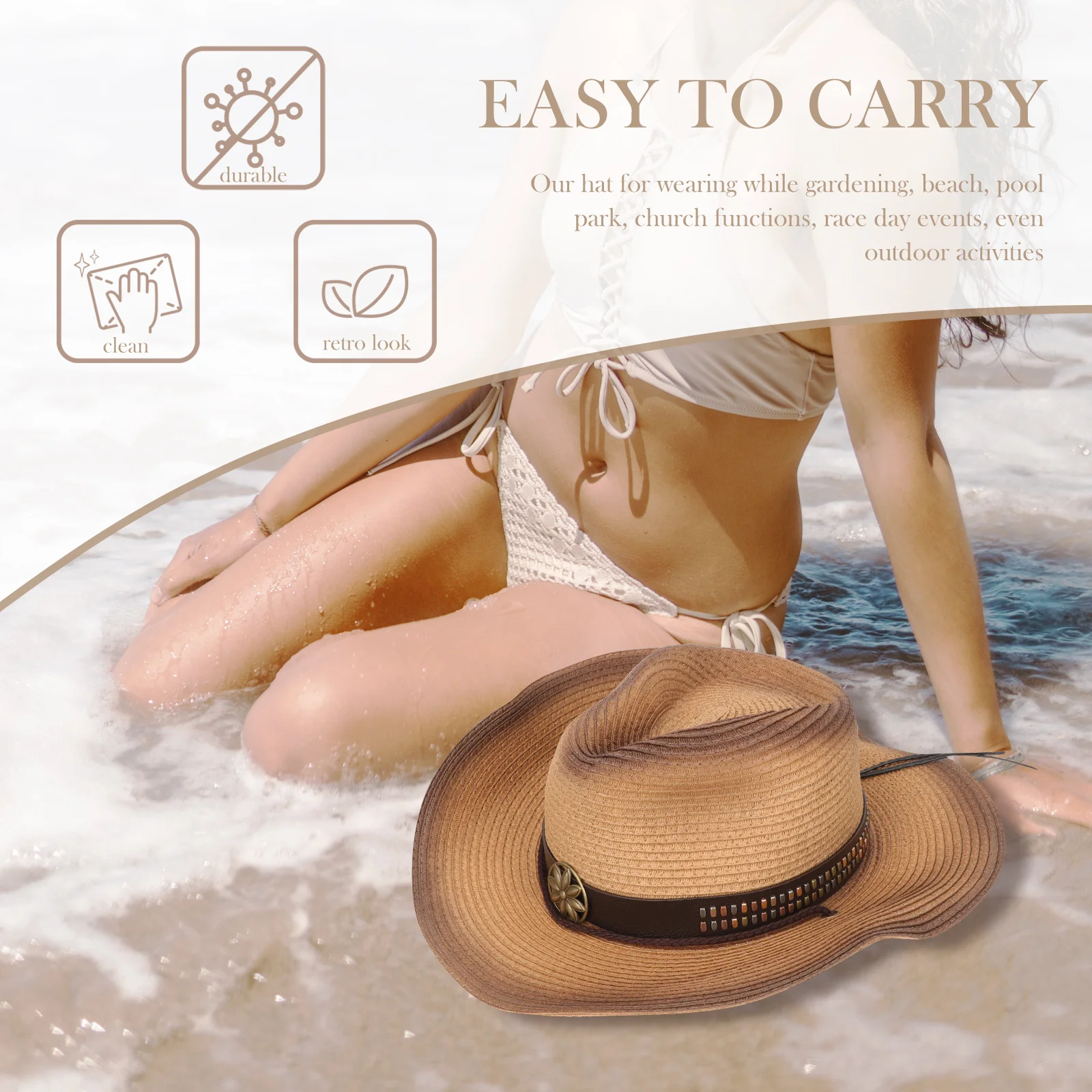 Cappello da cowboy da donna alla moda in paglia a tesa larga Protezione solare estiva Cappello da viaggio da donna Cappelli Fedora occidentali Cappelli da cowgirl da donna