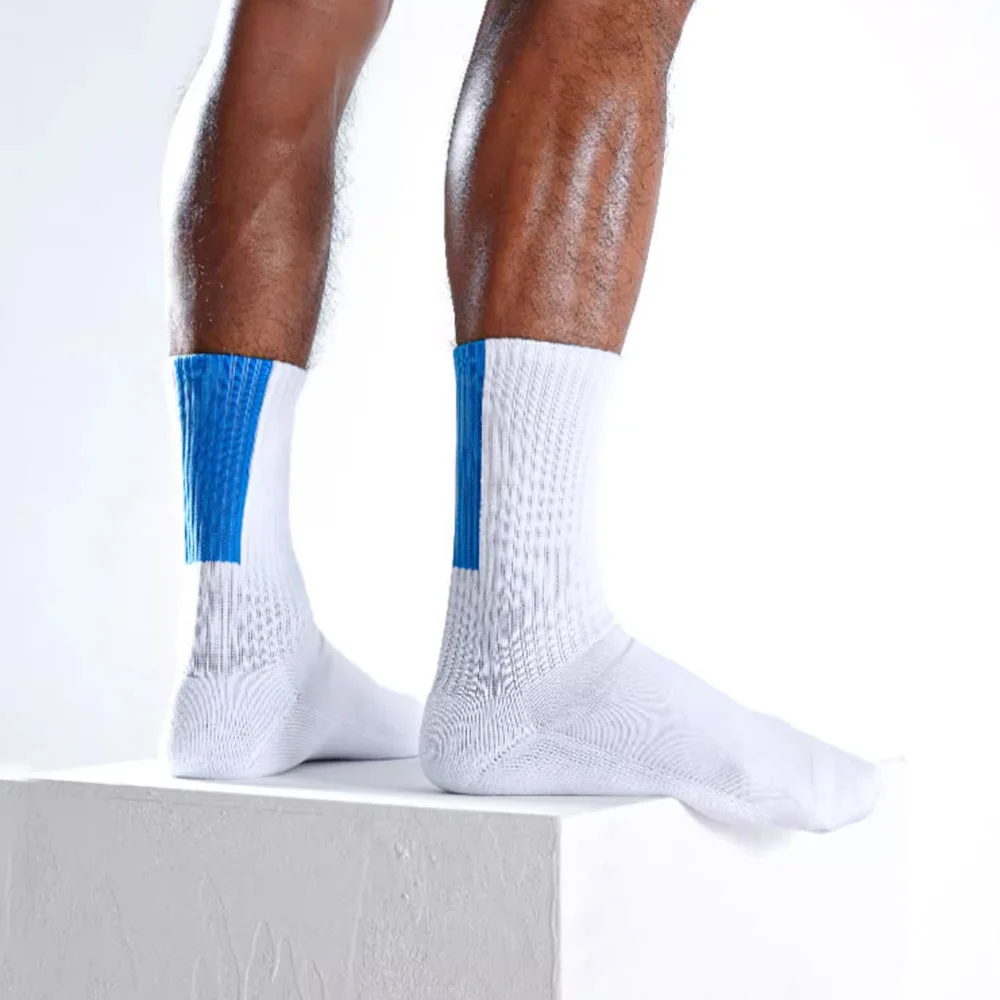 Men\'s White Tall Tube Blue Square Sports Fitness Boneless Seam Head Xinjiang Towel Bottom Cotton Socks