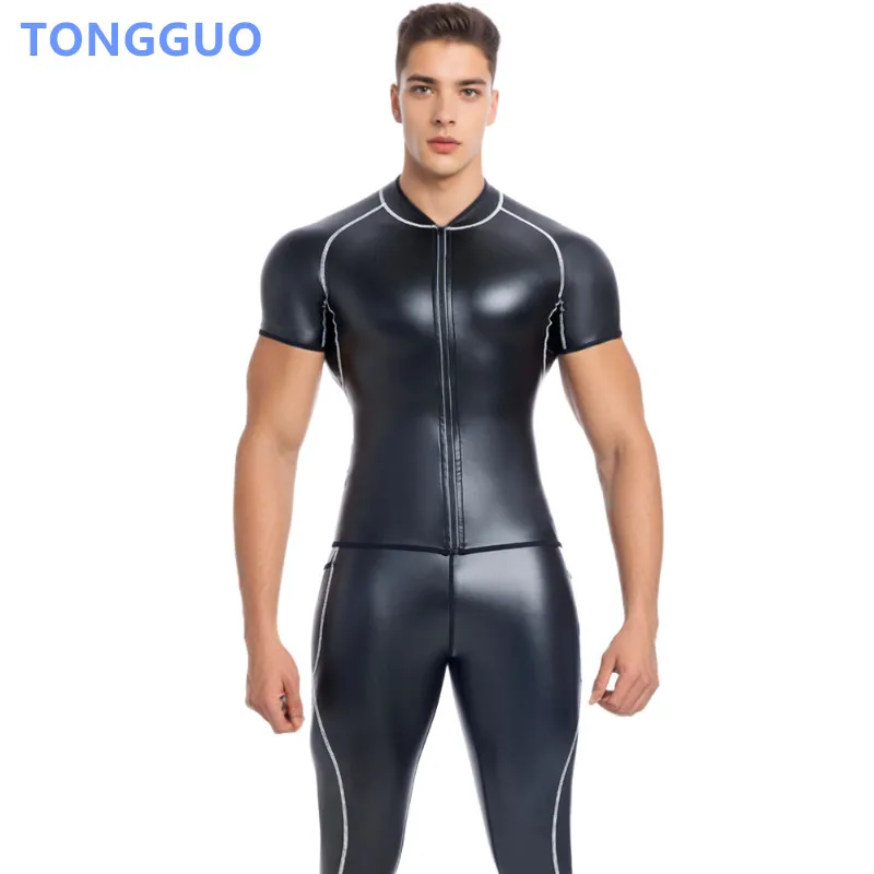 Cool Boy Shirt Faux Leather Tops Leather Jacket White line Faux Leather Short Sleeve Shirt Man Body Shaper Waist Trainer Corsets