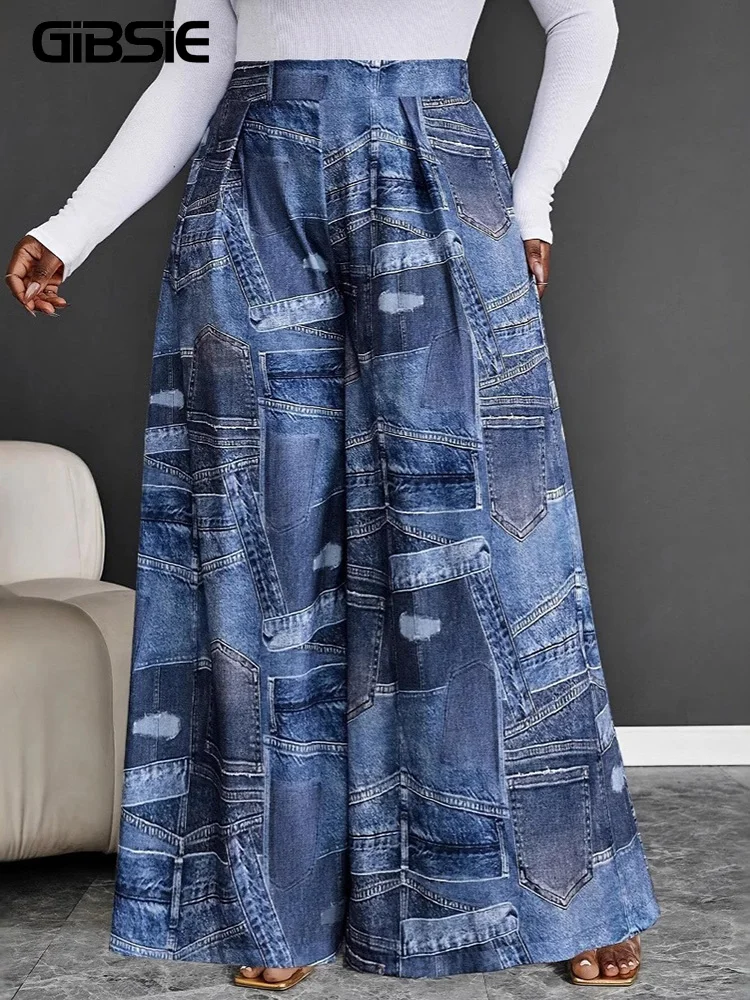 

GIBSIE большие размеры, женские повседневные широкие брюки с принтом, новинка 2025, модные офисные женские длинные брюки с высокой эластичной резинкой на талии