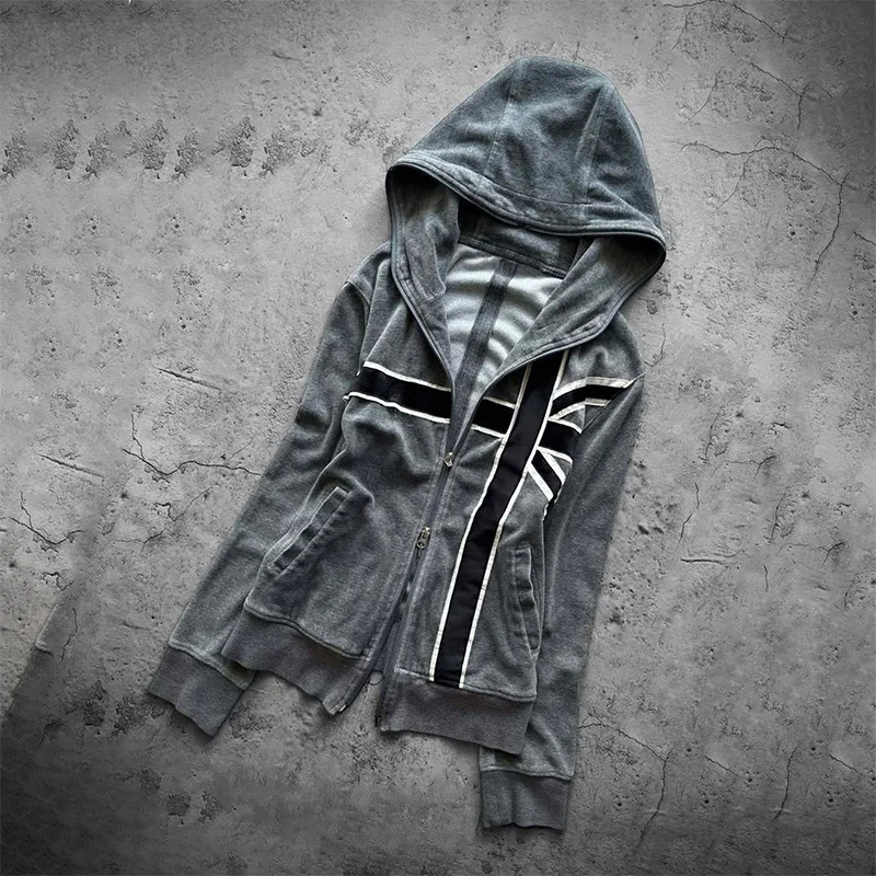 Autumn Winter Women's Y2K Streetwear Vintage Acid Wash Union Jack Stripe Slim Fit Double Zip Hooded Long Sleeve Hoodie
