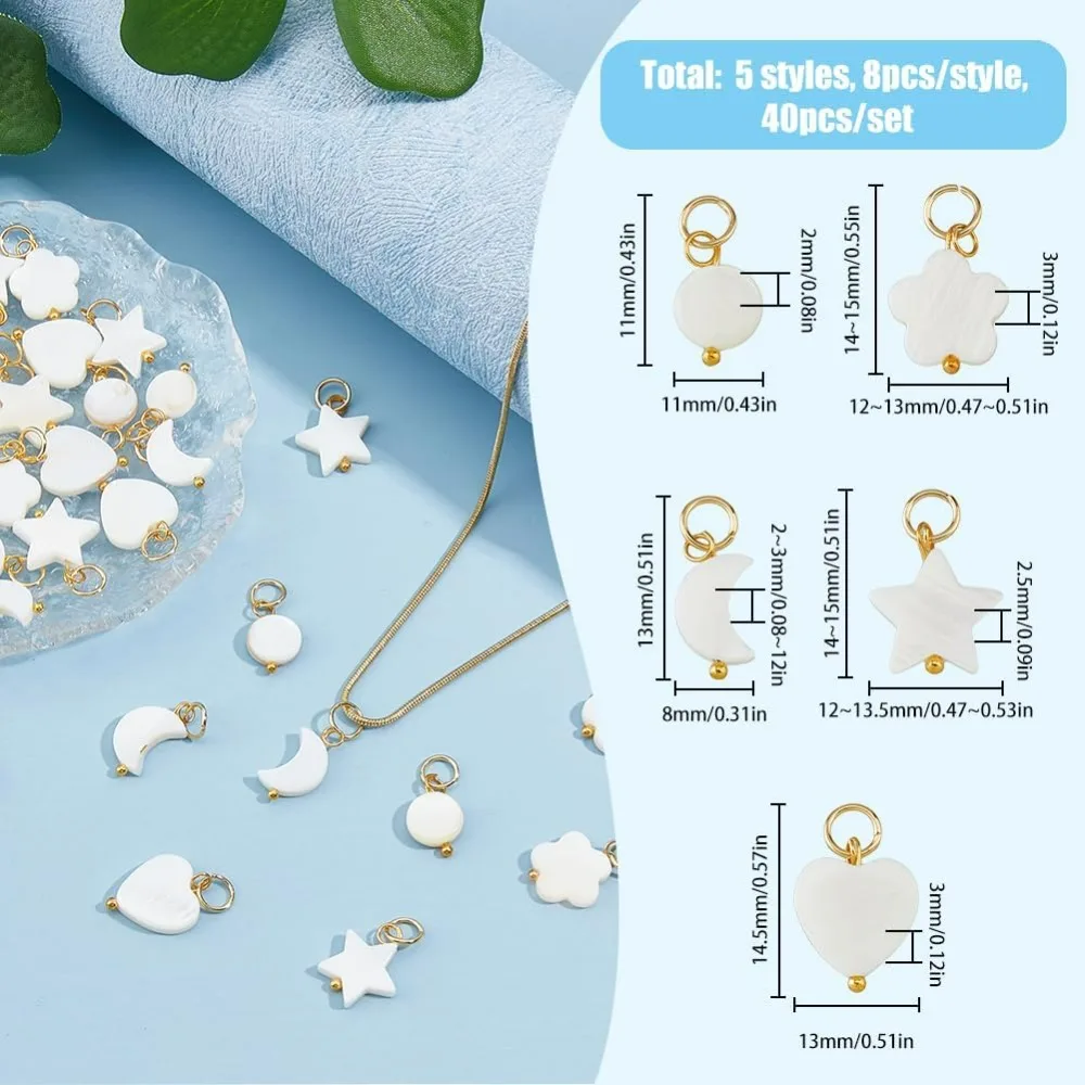 40Pcs 5 Styles Natural Freshwater Shell Charms Moon Star Heart Pendants with Golden Tone Jump Ring White Shell Charms