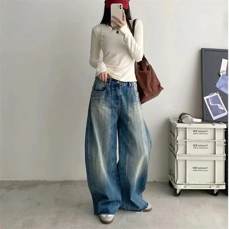 Women's Wide Leg Retro Curved Knife Unisex Jeans Cool Girl Fashion Bottoms Denim Trousers Female High Waist Blue Pants