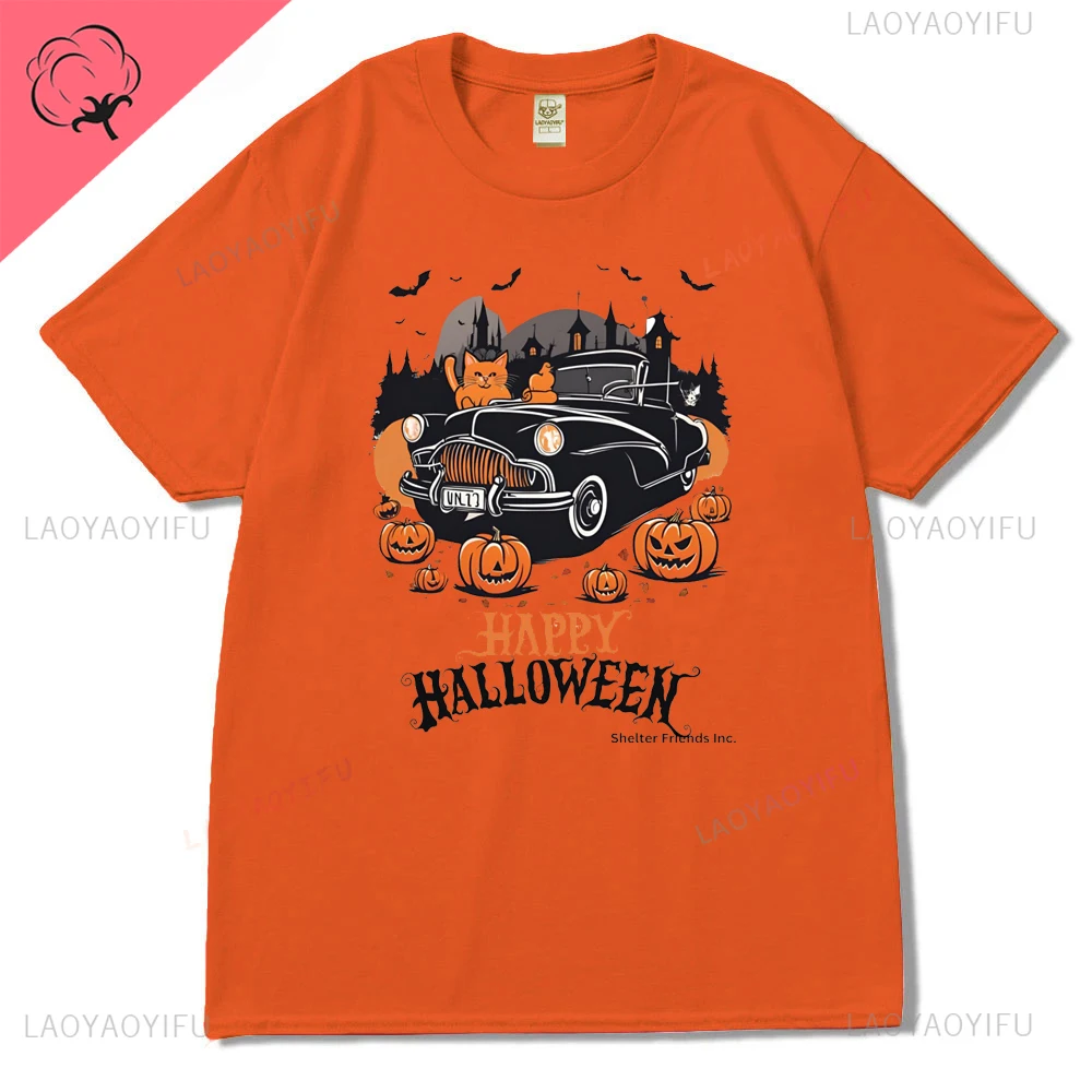 Kawaii Cute Skull Pumpkin Lamp Graphics Graphic Hallowmas Cotton T Shirt Streetwear Short Sleeve Tshirt Hipster Women Tees