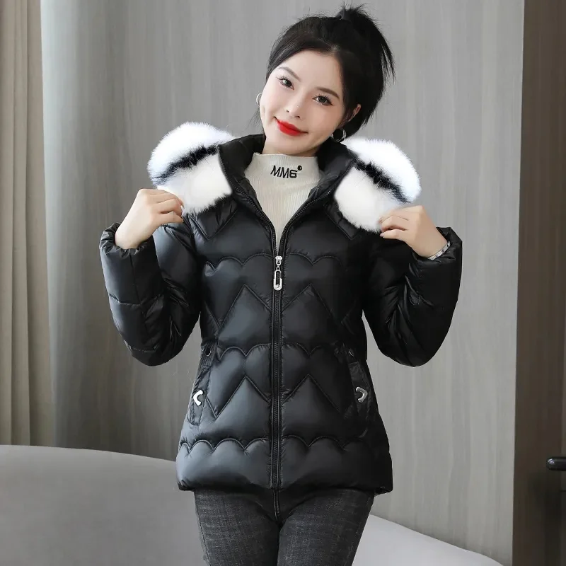 

2023 New Winter Jacket Women Parkas Fur Collar Hooded Thick Down Cotton Padded Parka Female Jacket Short Coat Slim Warm Outwear