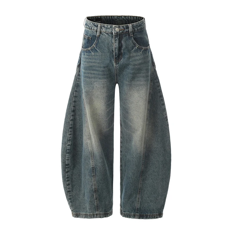 Spliced Wide Leg Jeans Mens Washed Distressed Retro High Street Loose Denim Pants Baggy Trousers Men