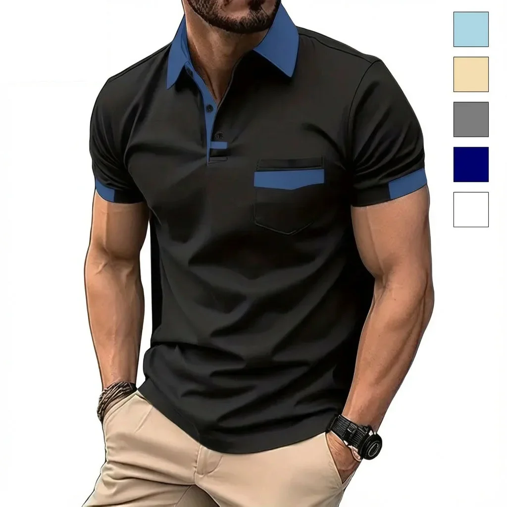Men Polo Collar Short Sleeve Patchwork Blouse Shirts Summer Business Sporty Button T-shirt Tops XYDZ-O-3