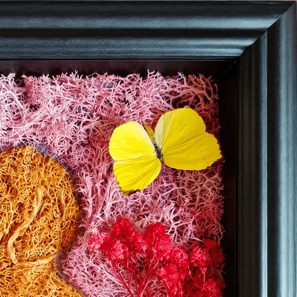 Preserved Moss Puppy Art Frame with Butterfly, Whimsical Forest Style Home Wall Desk Decor, Unique Nature Inspired Gift