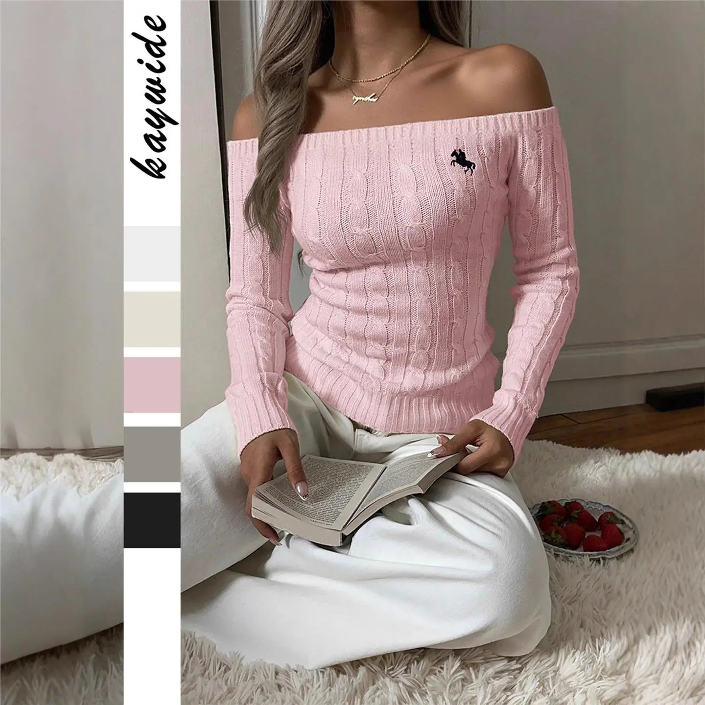 

Faionable Long Sve Knitted Sweater oulder Bared Simple Design Autumn Winter Women's Clothing Casual Street Sle Knitwear