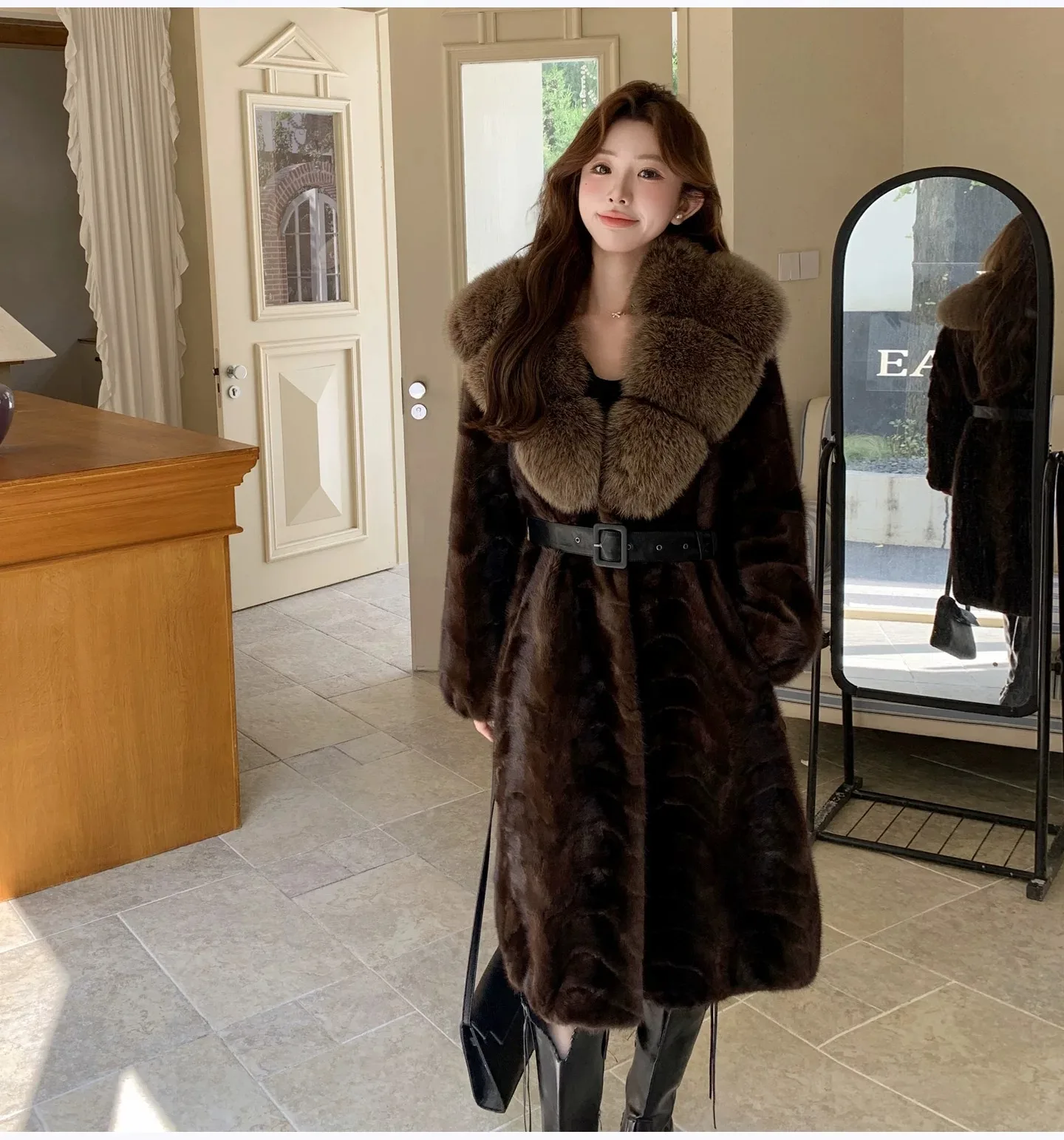 Hot Selling Real Mink Fur Coat Women Fashion New Winter With Fox Fur Collar High-quality Mink Fur Coat Long Real Fur Coat