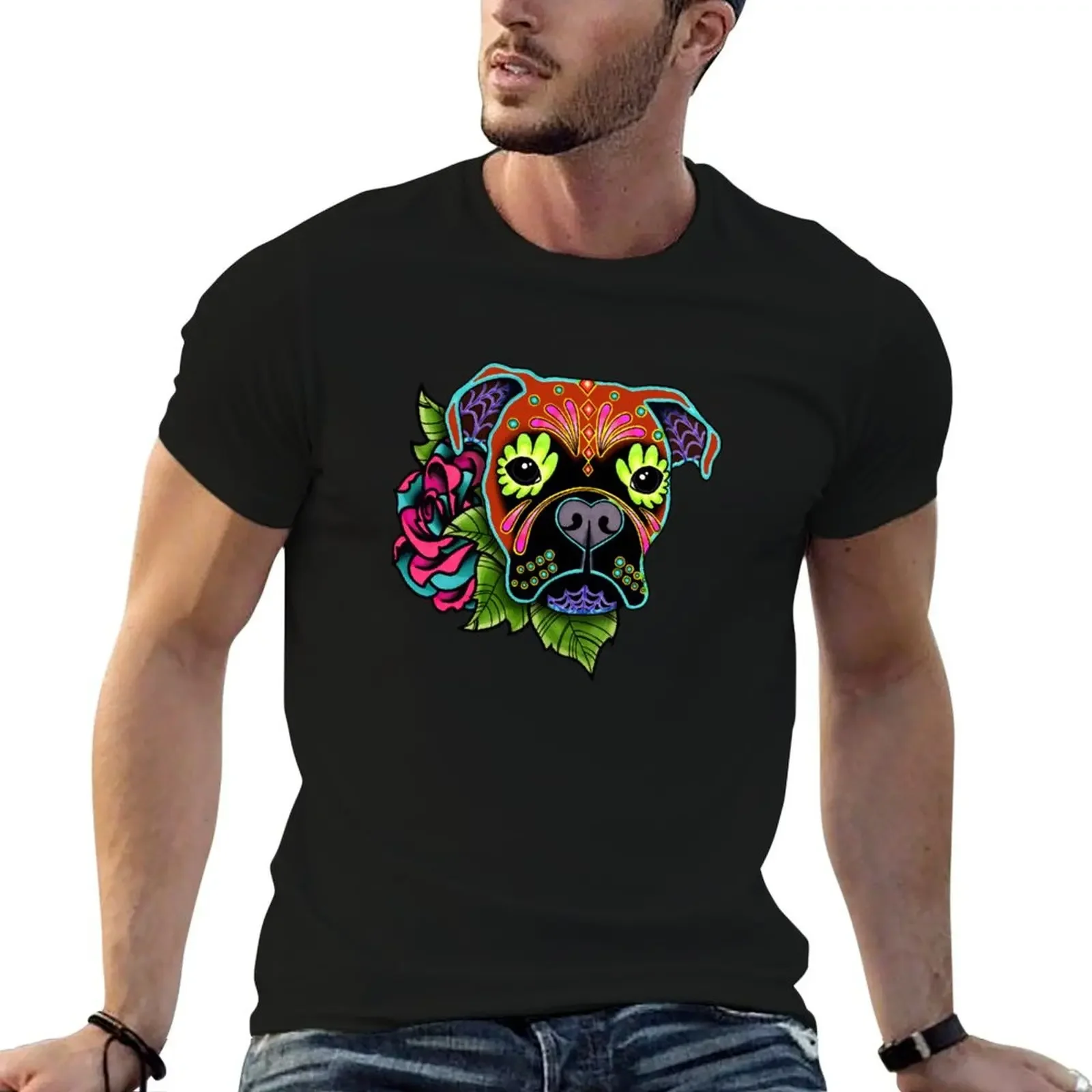 Boxer in Fawn - Day of the Dead Sugar Skull Dog T-Shirt for a boy oversized graphic tee Men's t shirts