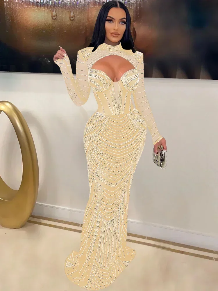 GUWU Luxury Elegant Celebrity Evening Prom Dresses for Women Party Night Cut Out Diamonds Rhinestone Mermaid Bodycon Maxi Dress