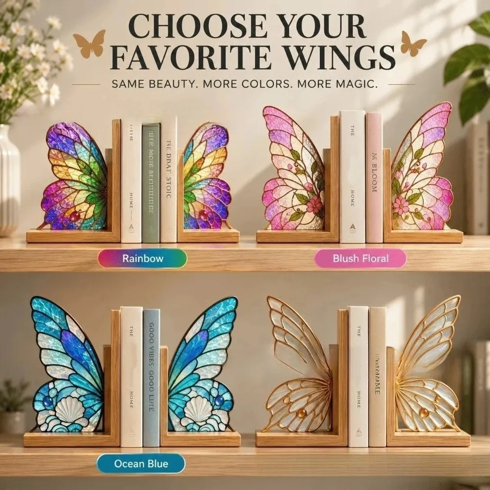 Colorful Butterfly Wings Bookend Set Acrylic Decorative Book Stand Desktop Organizer Book Support with Bases For Bookshelf