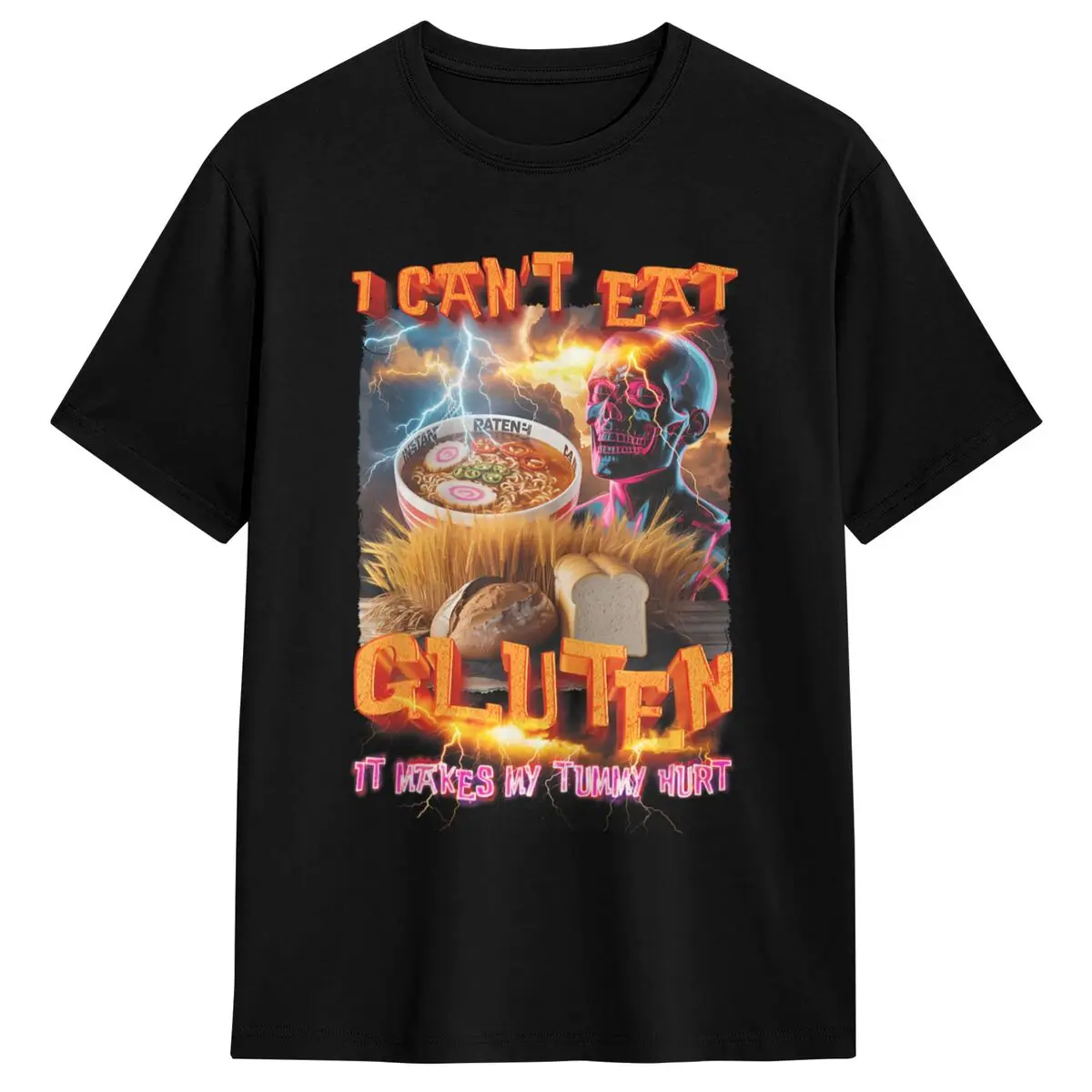 No puedo comer Gluten, hace que la cara daña Ramen, camiseta con relámpago, camisetas para hombre, camiseta Popular con cuello redondo de verano, camisetas de gran tamaño