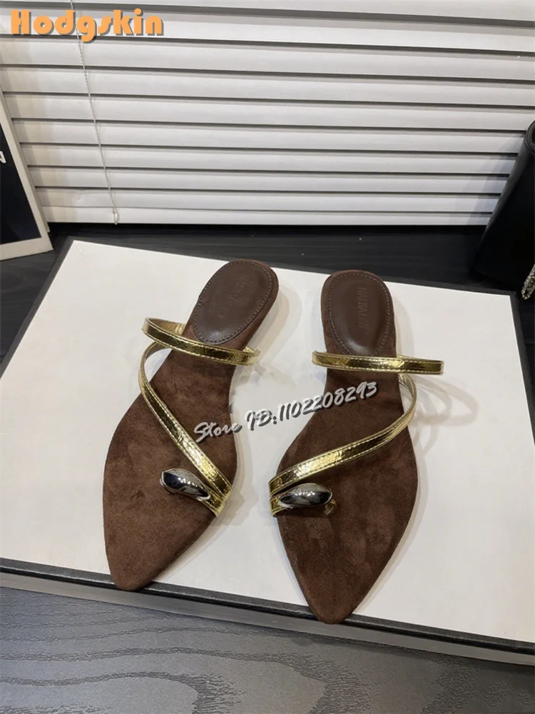 Sexy Metal Buckle Slippers Clip-toe Cross-tied  Low-heeled Mules Women Summer Outside Pointed Wedge Heel Sandals Shoes 2025 New